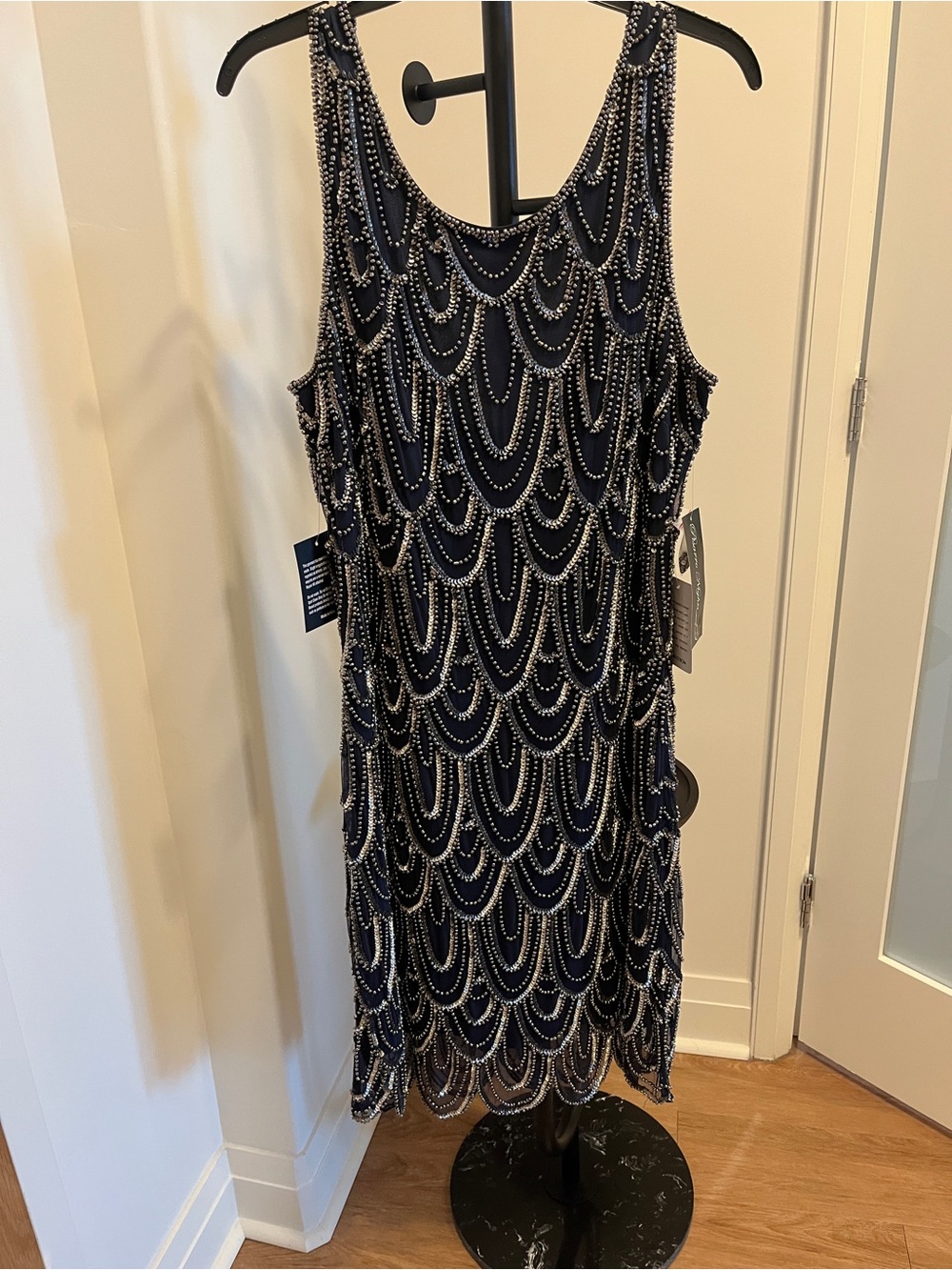 Pisarro Nights Navy Beaded Scallop-Embellished Midi Dress